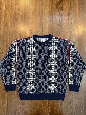 J. Crew Navy 100% Lambswool Jacquard Ski Crew Neck Sweater